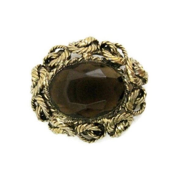 Vintage 60s 70s Brooch Original by Robert Brass Glass Smokey brown Pin Jewelry - Picture 2 of 5